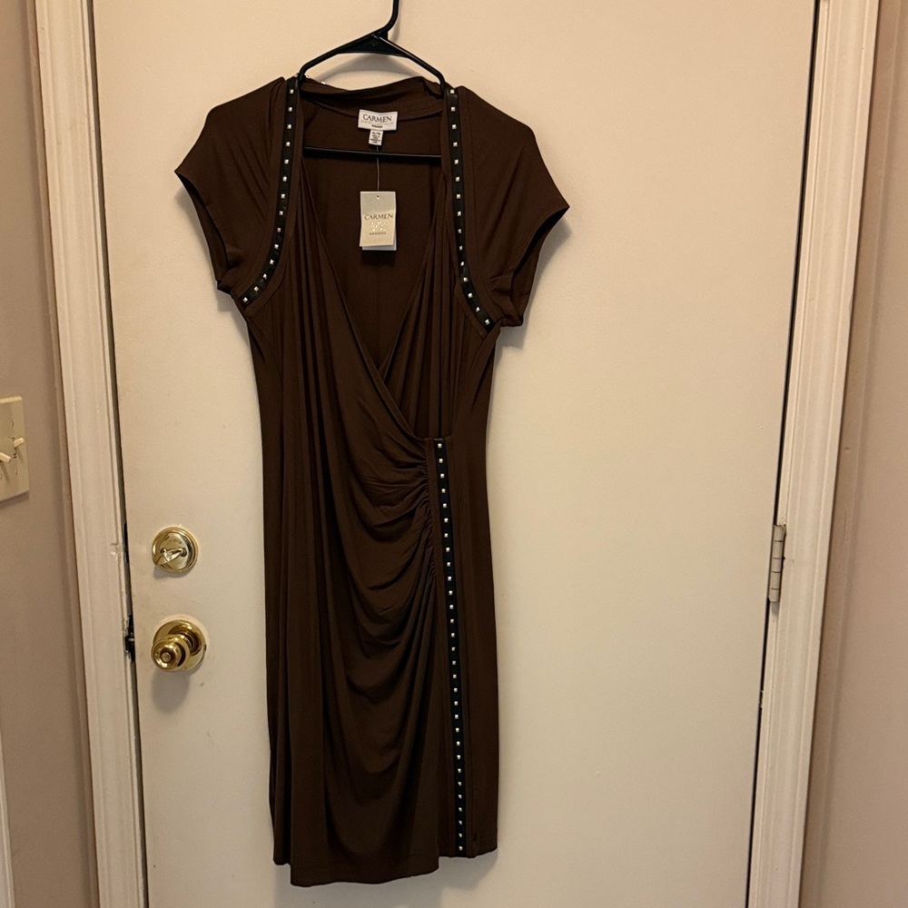 Carmen Marc Valvo Brown Midi Dress with Stud Details